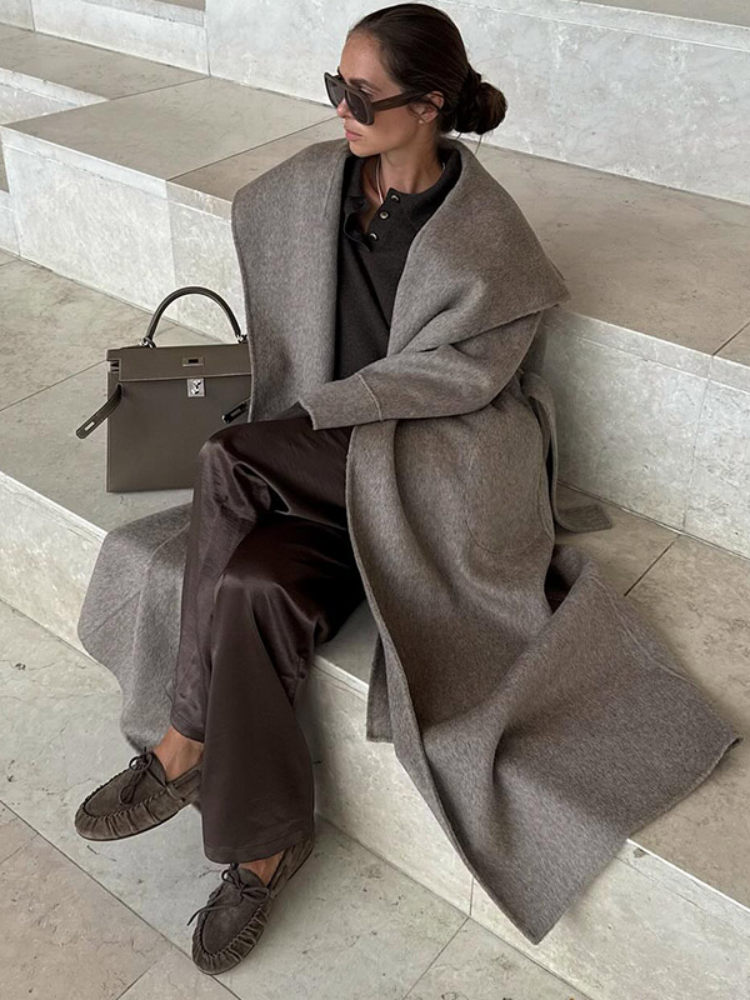 Manteau en laine à col Cape pour femme, élégant, mode, manches longues, ceinture, taille longue, automne hiver, vêtements d'extérieur chics, 2025