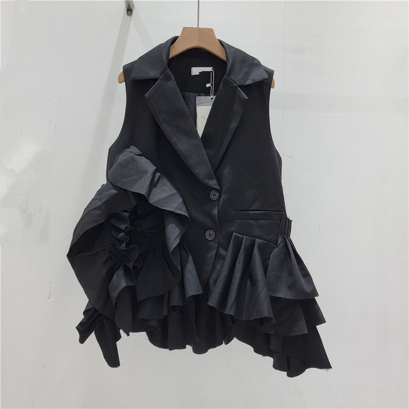 Gilet asymétrique à volants pour femme, col rabattu, simple boutonnage, sans manches, veste d'été pour le bureau, collection 2026