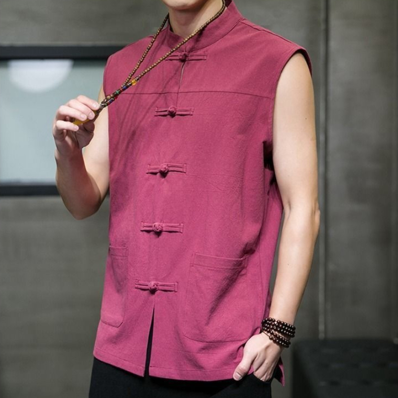 Gilet traditionnel chinois pour homme, chemise sans manches ample à boutons grenouille, col mandarin, devant ouvert, grande taille, haut Hanfu ancien