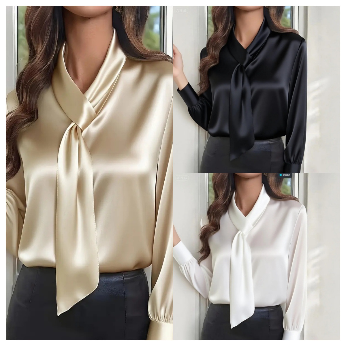 Chemise à manches longues en satin pour femmes, col à nouer, élégante, chemise de bureau pour le travail décontracté, les déplacements professionnels et le port quotidien