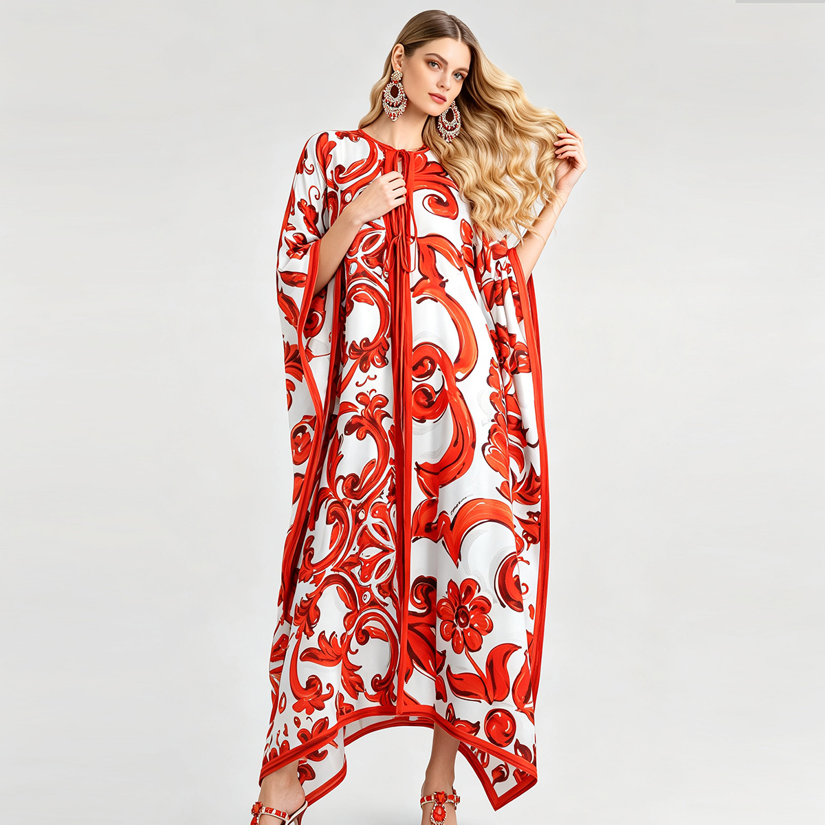Robe longue kaftan pour femme, imprimé baroque violet, manches chauve-souris, style bohème, ample, cache-maillot de bain, robe de plage pour les vacances d'été