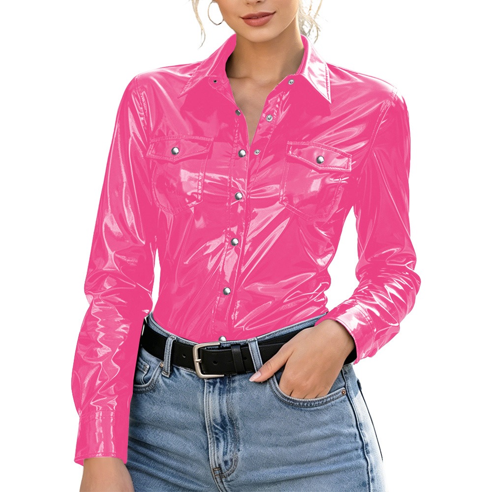 Chemisier Femme Grande Taille avec Poches, Effet Mouillé PVC, Manches Longues, Blouse Brillante en Similicuir PU, Hauts Boutonnés, Style Streetwear