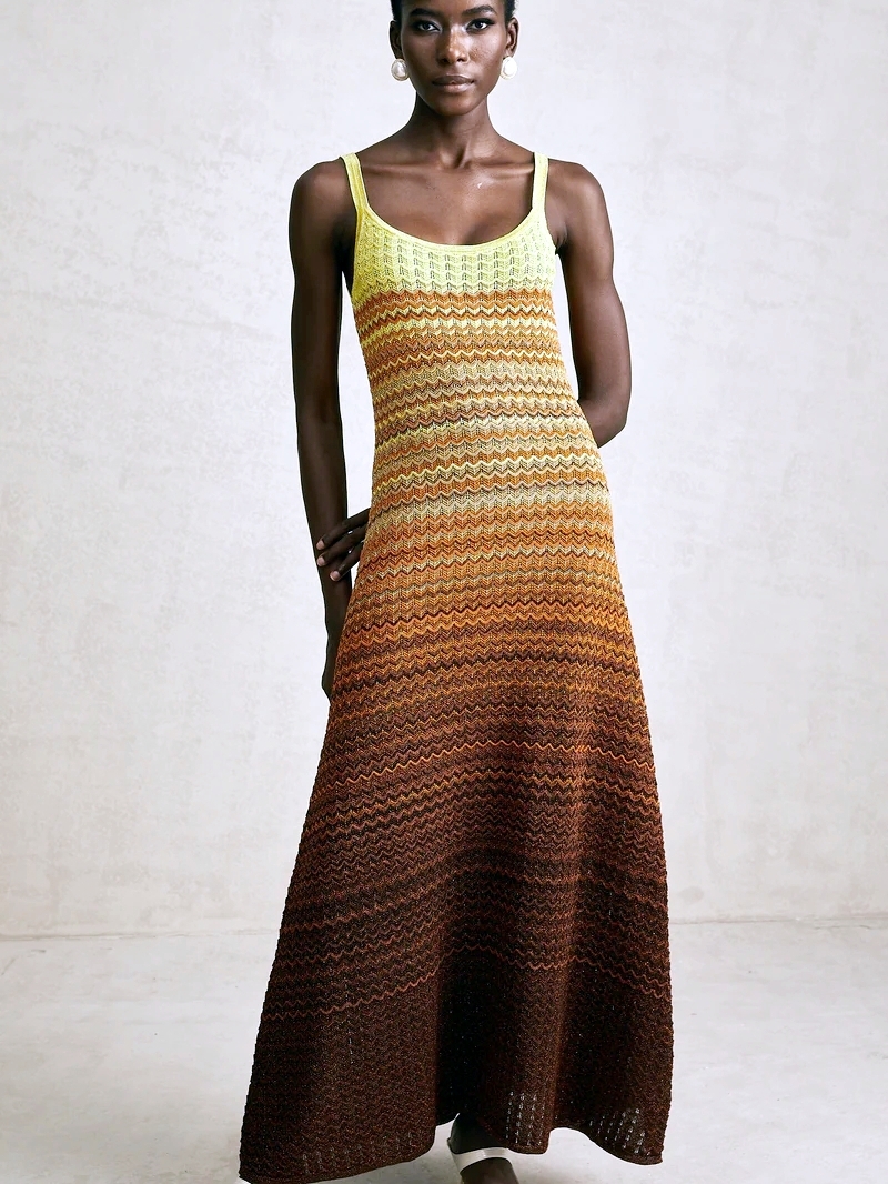 Marque de luxe Design femmes élégant Boho africain paillettes dorées Maxi sans manches soirée vacances robe tricoté dame vêtements