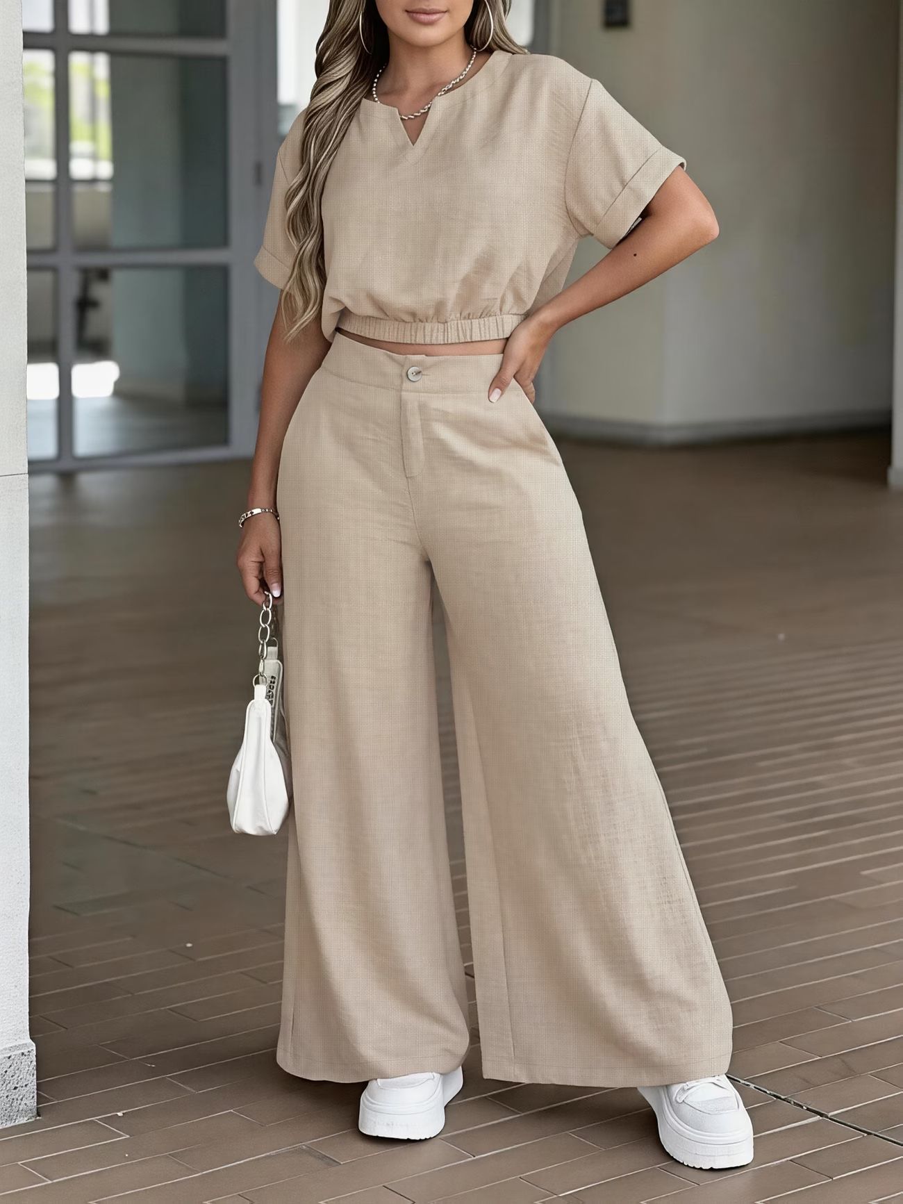 Ensemble élégant pour femme, pantalon large drapé taille haute de couleur unie avec haut à taille élastique