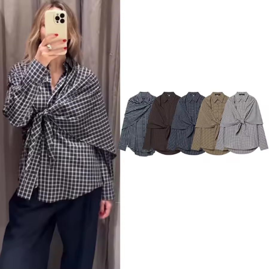 Chemise à carreaux pour femme, style printemps, avec col châle, boutonnée, décontractée, à manches longues, à simple boutonnage