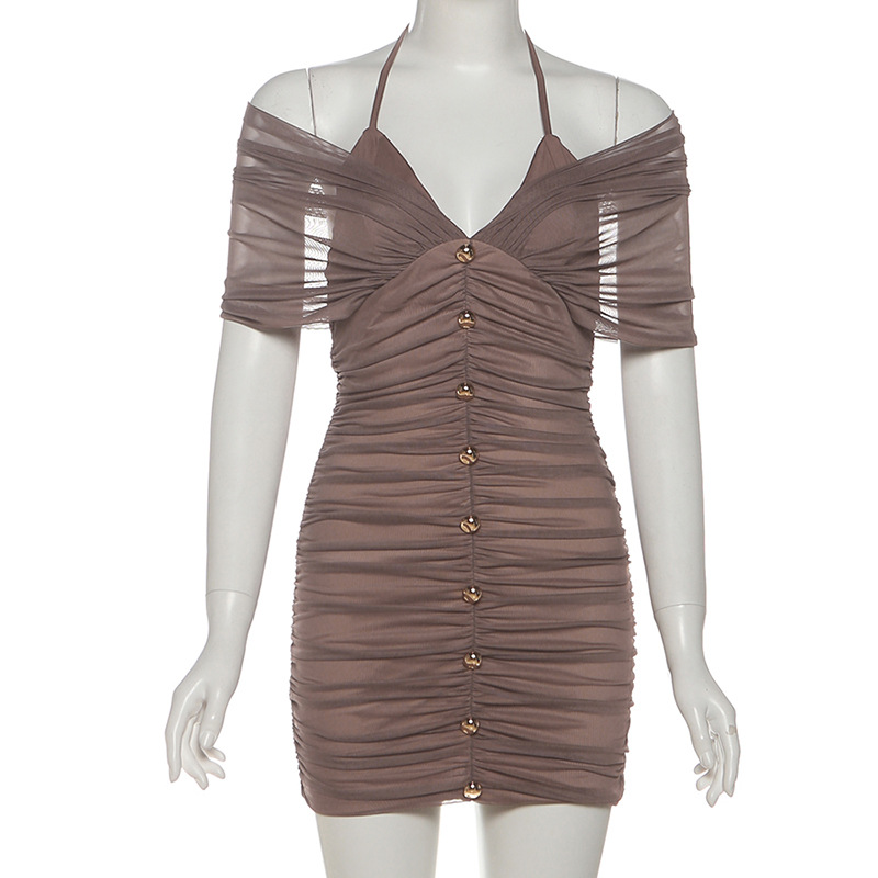 Robe mini moulante sexy pour femme en maille transparente froncée, avec boutons métalliques, épaules dénudées, col en V, dos nu à lacets, style licou, pour soirée et club