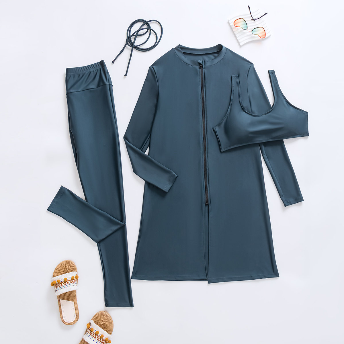 Nouveau maillot de bain musulman Burkini 3 pièces, ensemble de maillots de bain de couleur unie pour femmes musulmanes, combinaisons à manches longues, combinaison de plongée et vêtements de surf pour l'été