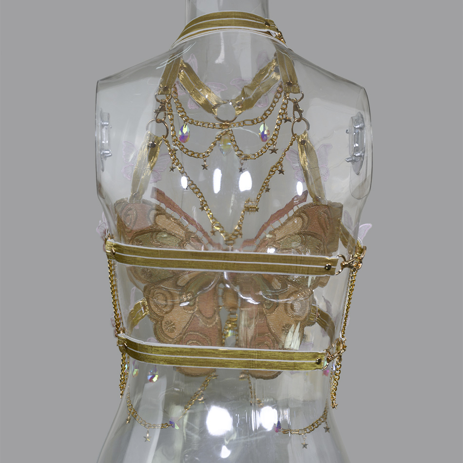 Haut court papillon brodé pour femme, col licou rose, robe dos nu sexy avec tour de cou, pendentif JOCrystal en métal drapé