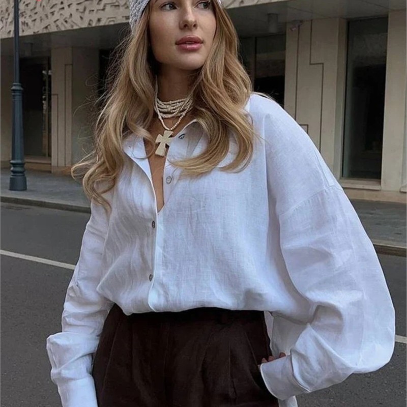 Chemise blanche en lin pour femmes, manches longues, élégante, rose, ample, mode, été, Vintage, basique, col haut, chemise pour femmes
