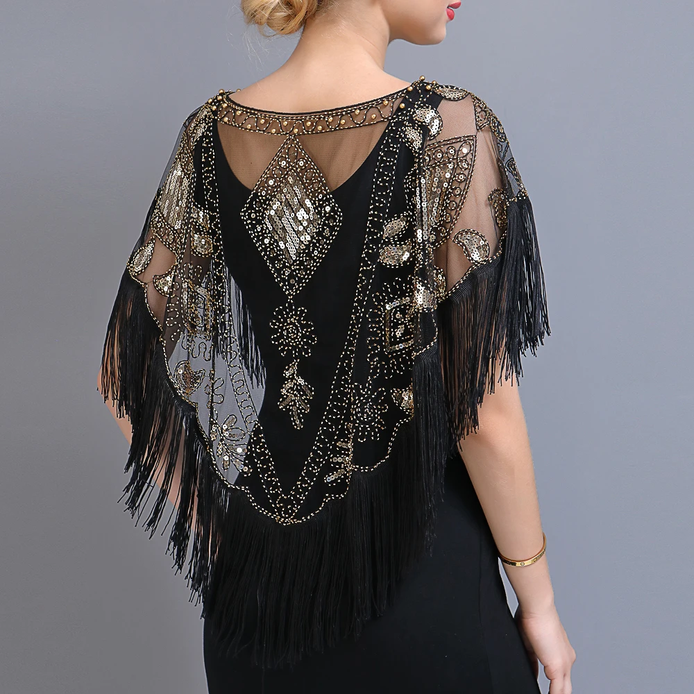 Châle à paillettes pour femme style années 20 avec franges perlées, en maille transparente, boléro Gatsby, cape de soirée