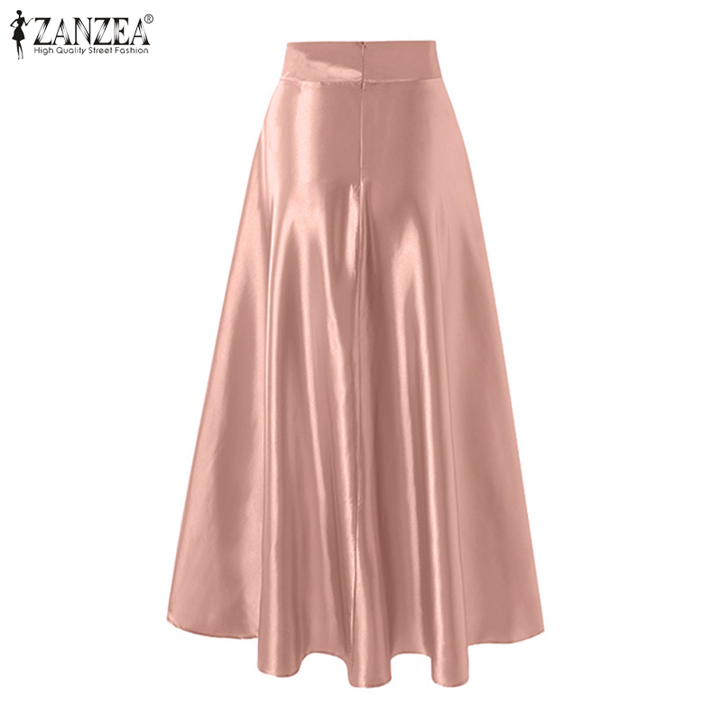 ZANZEA Jupes longues de soirée en satin pour femmes, élégantes, taille haute, fermeture éclair au dos, coupe trapèze, jupes longues élégantes pour cocktail, Faldas Mujer