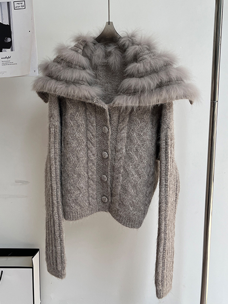 Automne femmes manteau tricoté Cardigan pull réel naturel fourrure de renard rayure col de luxe femme manches longues vestes