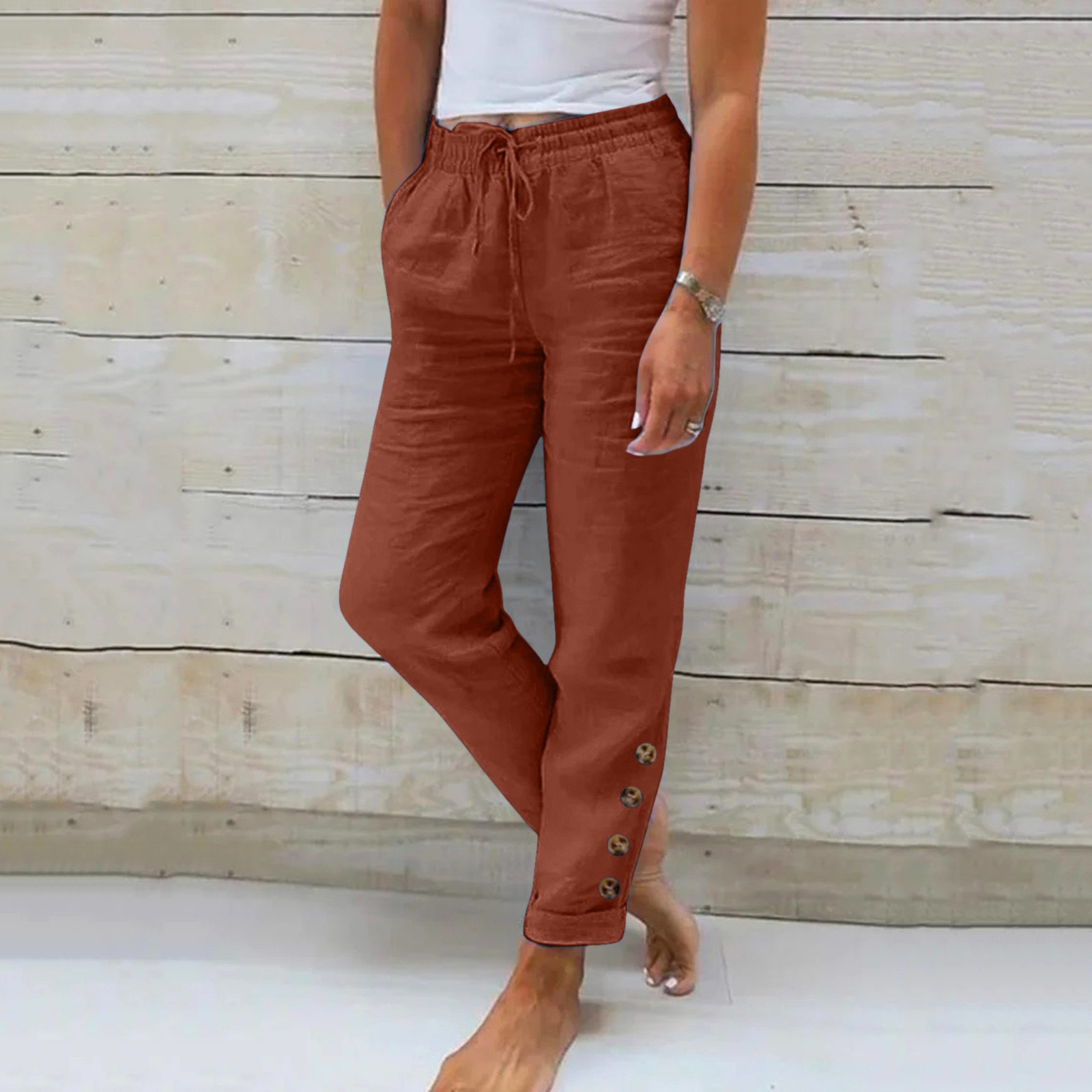 Pantalon décontracté en lin pour femmes, avec taille élastique, couleur unie, ample, Long, à bretelles, combinaison à jambes larges