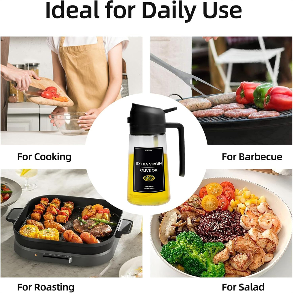 Pulvérisateur d'huile pour la cuisson, bouteille distributrice d'huile d'olive 2 en 1 pour la cuisine avec autocollants, verre Premium 16oz/470ml, brumisateur d'huile de qualité alimentaire
