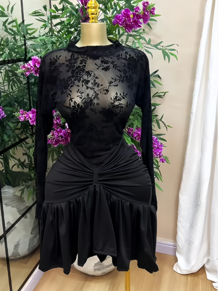 CM.YAYA Robe de soirée moulante mini pour femme, noire, en velours et maille florale, à manches longues, col montant, taille froncée, volants et ourlet asymétrique