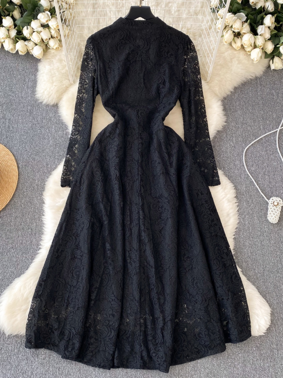 Robe de soirée florale vintage noire pour femme, col montant, manches longues, robes en dentelle, français, élégant, éducatif, printemps, automne