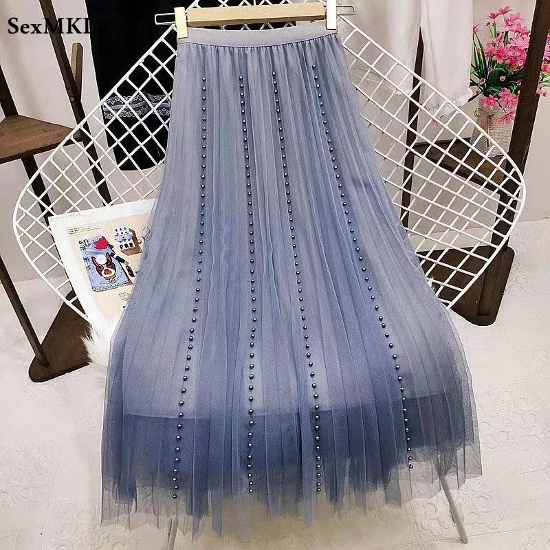 Jupes en tulle plissées à perles pour femmes, nouvelle mode coréenne 2026, vêtements décontractés, faldas, taille haute, mi-longueur, noir, rose, jupe kawaii