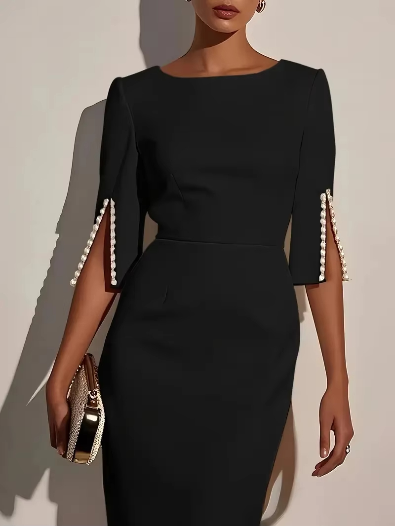 Robe mi-longue élégante pour femmes, couleur unie, col rond, demi-manches, décorée de perles, coupe cintrée