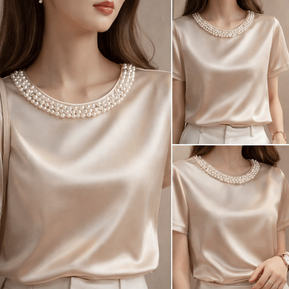 T-shirt en satin de soie ample de luxe léger, élégant, pour femme, style français, à manches courtes, idéal pour le bureau ou l'été