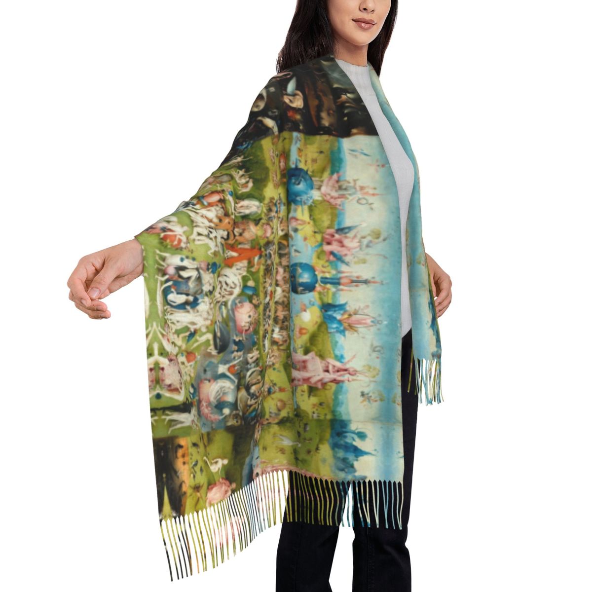 Écharpes longues personnalisées pour femmes, jardin des délices terrestres, hiver, automne optique, chaud, gland, châle, écharpe enveloppante