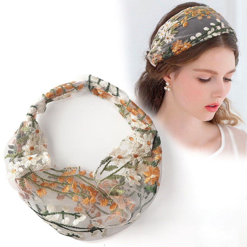 Serre-têtes élastiques pour femmes, brodés de dentelle florale, en mousseline, avec nœuds croisés, accessoires pour cheveux