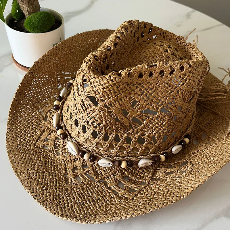 Chapeau de paille bohème d'été pour femmes et hommes, chapeaux de Cowboy de plage, perles en bois ajourées, chapeau de soleil occidental à large bord, casquette de vacances