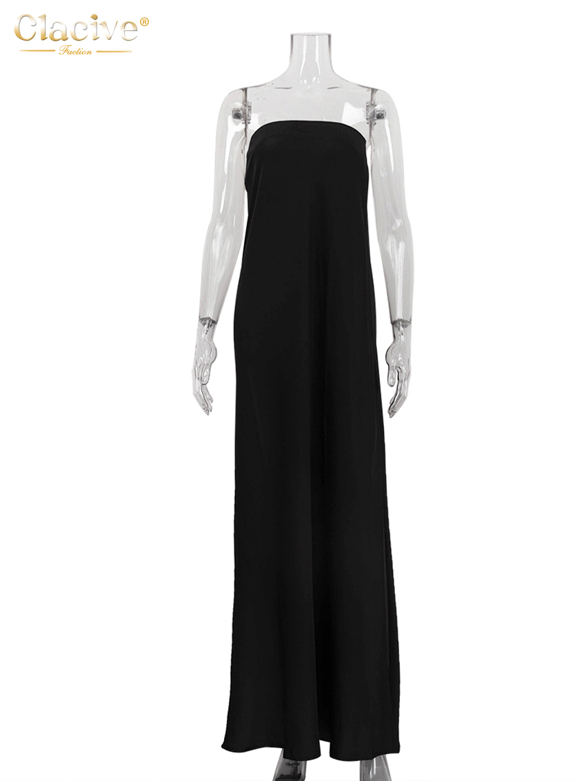 Clacive été ample noir femmes robe 2025 mode sans bretelles sans manches Maxi robes Sexy classique solide robe femme vêtements