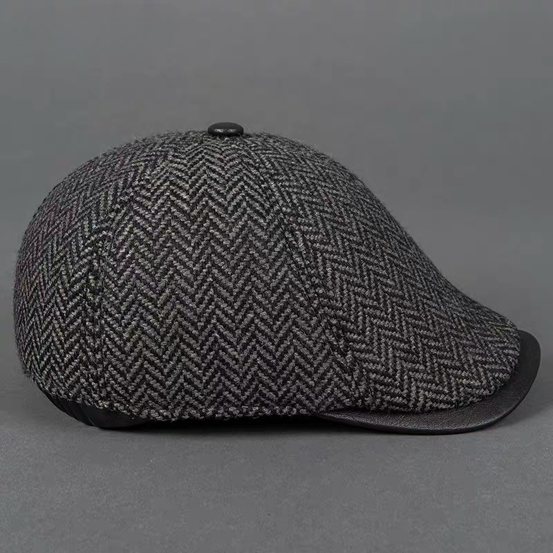 Bonnet 55% laine béret à chevrons pour hommes Camel/gris mâle mince chapeaux 55-61 cm Casquette avant loisirs bec de canard Casquette