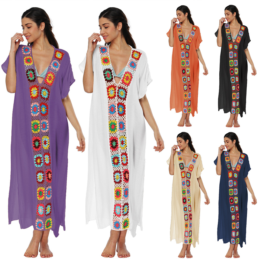 Robes pour femmes 2025 – Robe longue sexy à fente, patchwork crocheté à la main, imprimé floral, chemise de plage, vêtements pour femmes, Vestidos