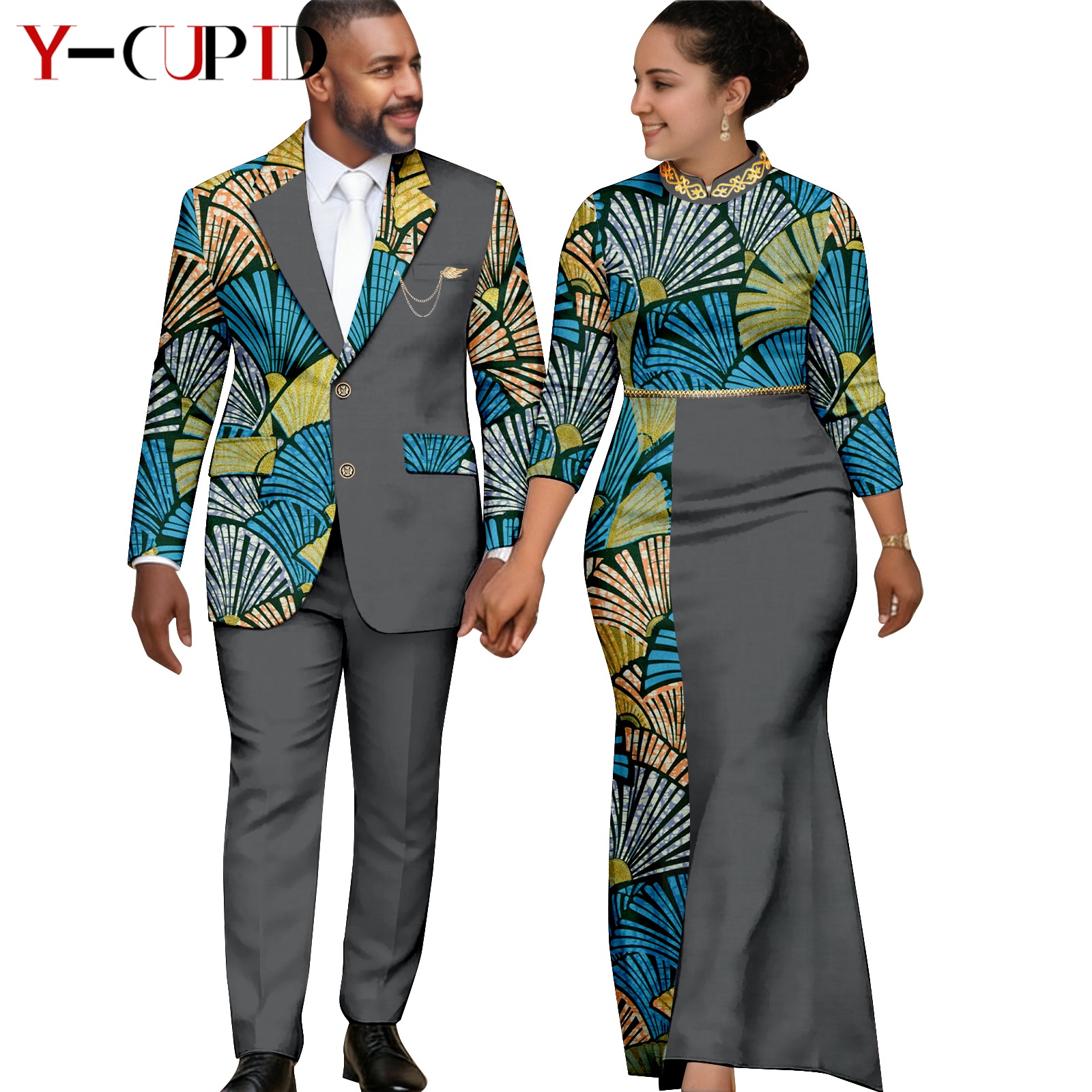 Robes longues élégantes à imprimé africain pour femmes, vêtements assortis pour couples, costumes Dashiki pour hommes, ensembles veste et pantalon Ankara 26C013