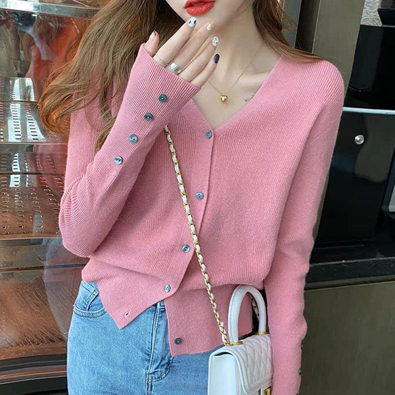 2025 automne et hiver pull décontracté col en V femmes mode coréenne hauts à manches longues solide basique tricoté Cardigan femme