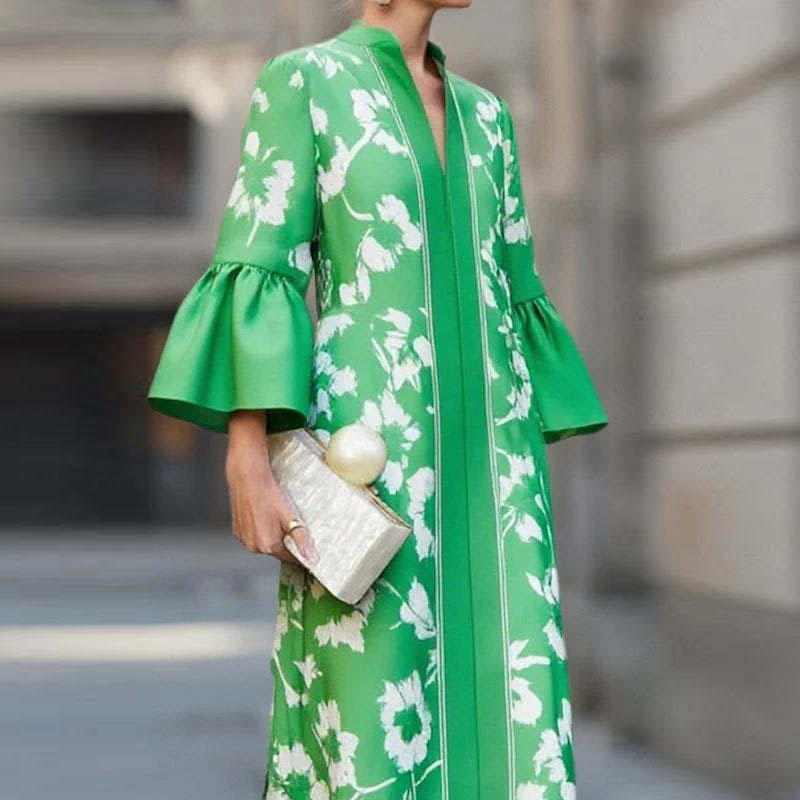 Robe longue de soirée élégante à imprimé Floral, Style français, Sexy, col en V, Slim, ligne a, manches évasées, robe Maxi de vacances, automne