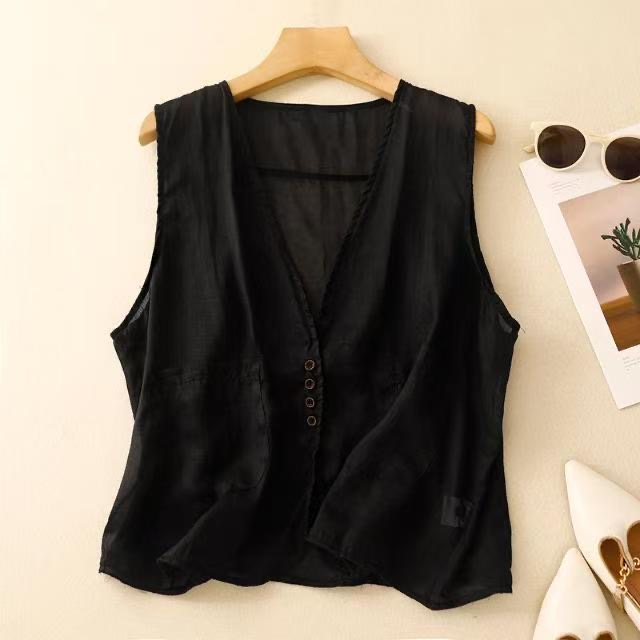 Gilet d'été en coton et lin pour femmes, veste basique sans manches, couleur unie, noir et blanc, manteau élégant, col en v, couverture, haut