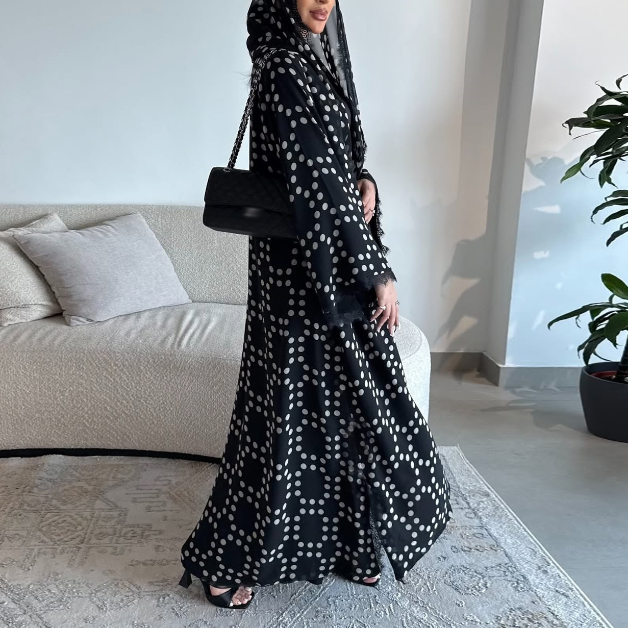 Nouvelle Abaya Cardigan en Chiffon à Pois pour Femmes du Moyen-Orient avec Voile et Dentelle, Robe Longue Tendance
