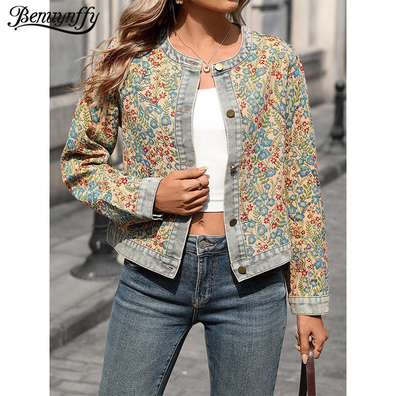 Benuynffy – Nouvelle veste en jean rétro jacquard à manches longues pour femme, col rond, simple boutonnage, décontractée, courte, collection Printemps 2026