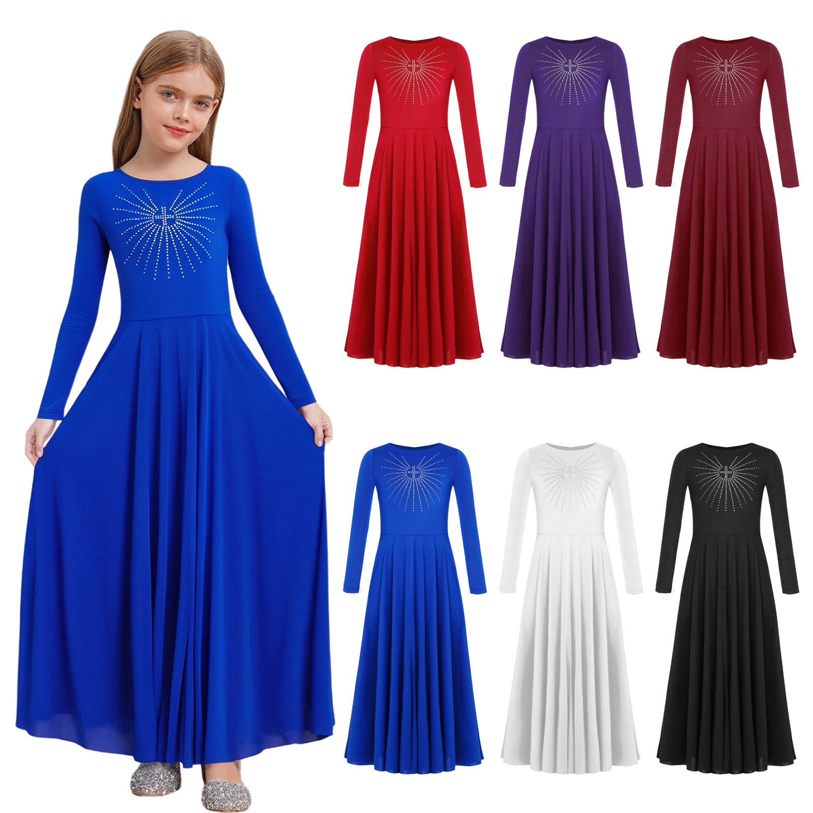 Robe de danse liturgique pour filles, robe de chœur d'église, robe longue à manches longues, robe maxi ample, vêtements de danse