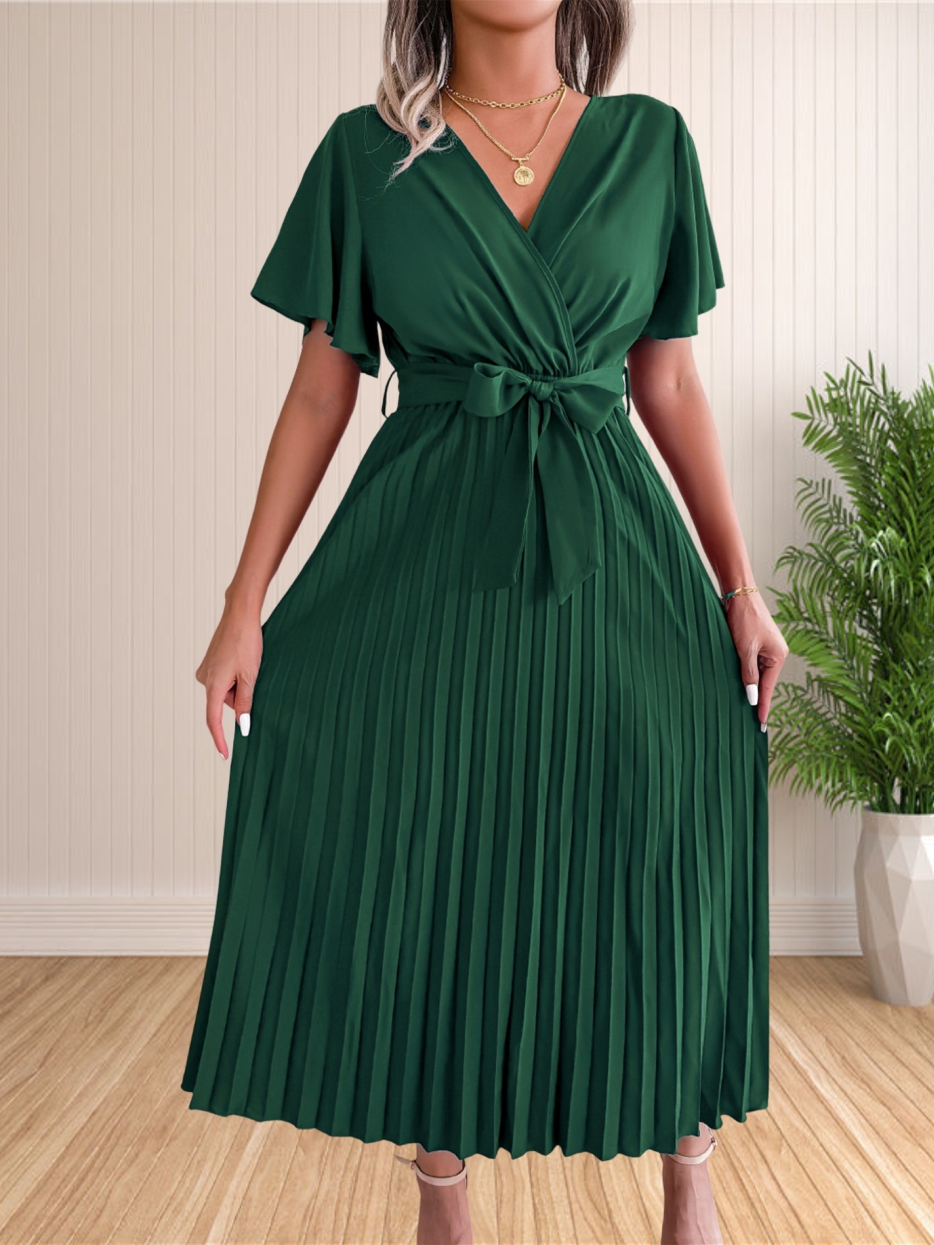 Robe de soirée plissée à manches à volants pour femmes, taille haute, col en V, balançoire, cocktail, longue, maxi, été