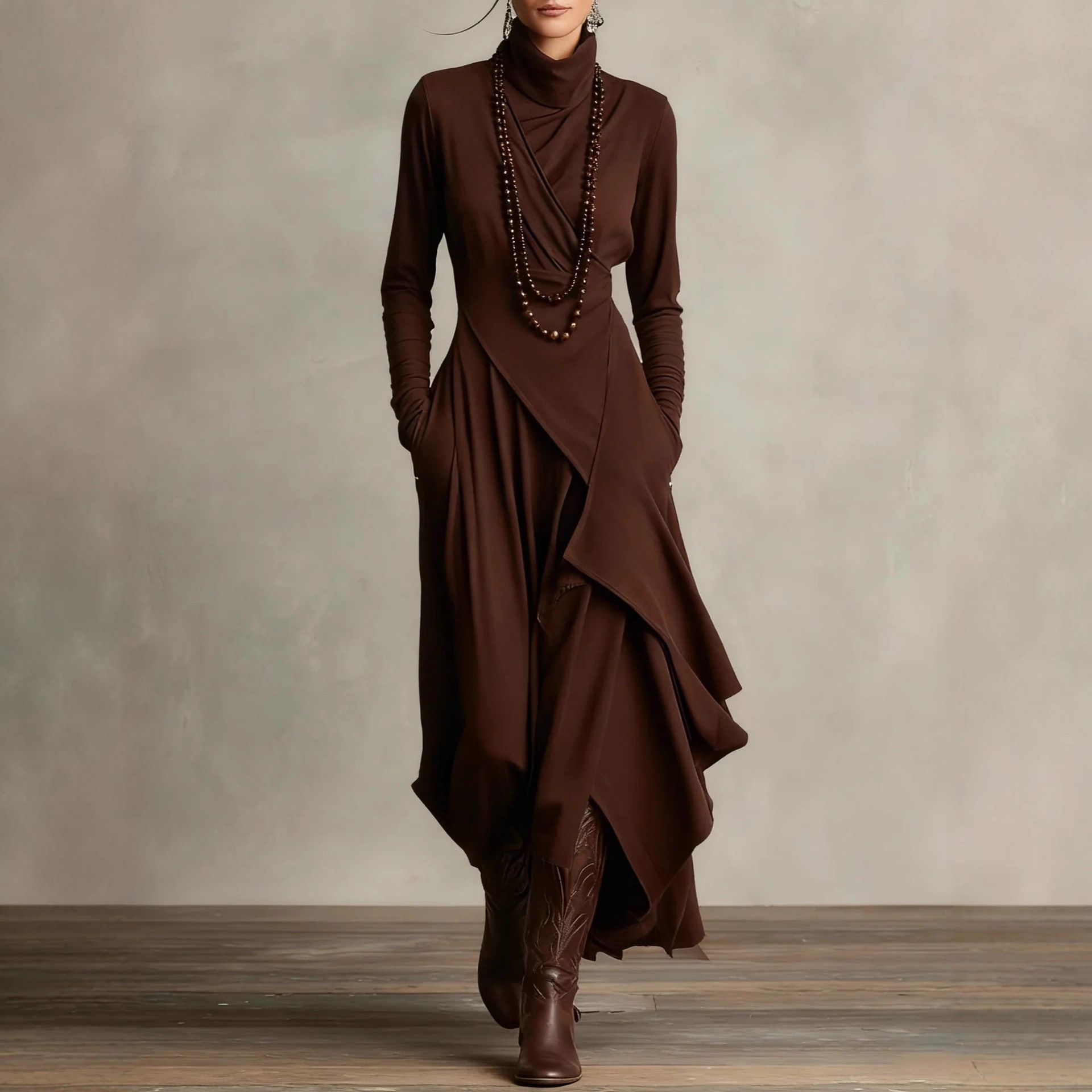 Vêtements d'automne, couleur unie, manches longues, design croisé, col haut, robe une pièce/jupe longue