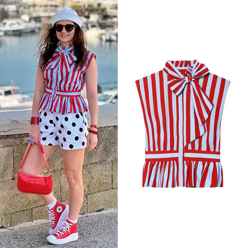 Chemisier Femme 2026 Nouvelle Collection Été – Chemise Rayée Sans Manches Ajustée à Nœud Papillon pour Femme – Élégance et Personnalité Chic