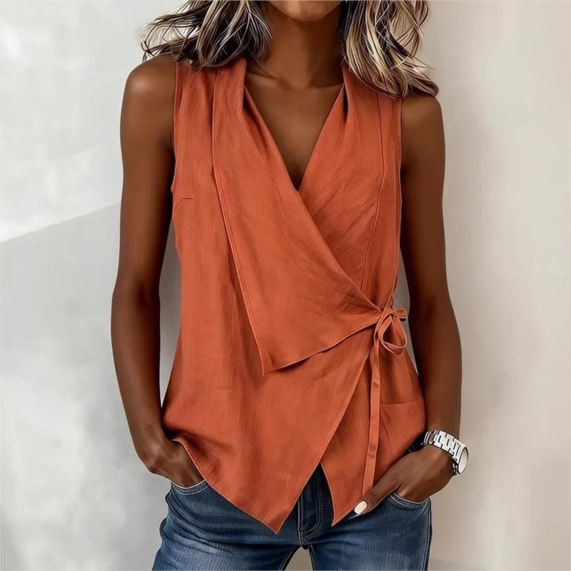Hauts sans manches pour femmes, collection été 2026, chemise à revers avec ceinture à nouer, design à bretelles plissées, coupe ample, haut d'été décontracté, chemisier