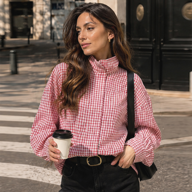 Veste Courte Femme à Col Montant Zippée, Motif Vichy Noir et Blanc, Nouvelle Collection 2026, Décontractée, Manches Longues, Coupe Ample