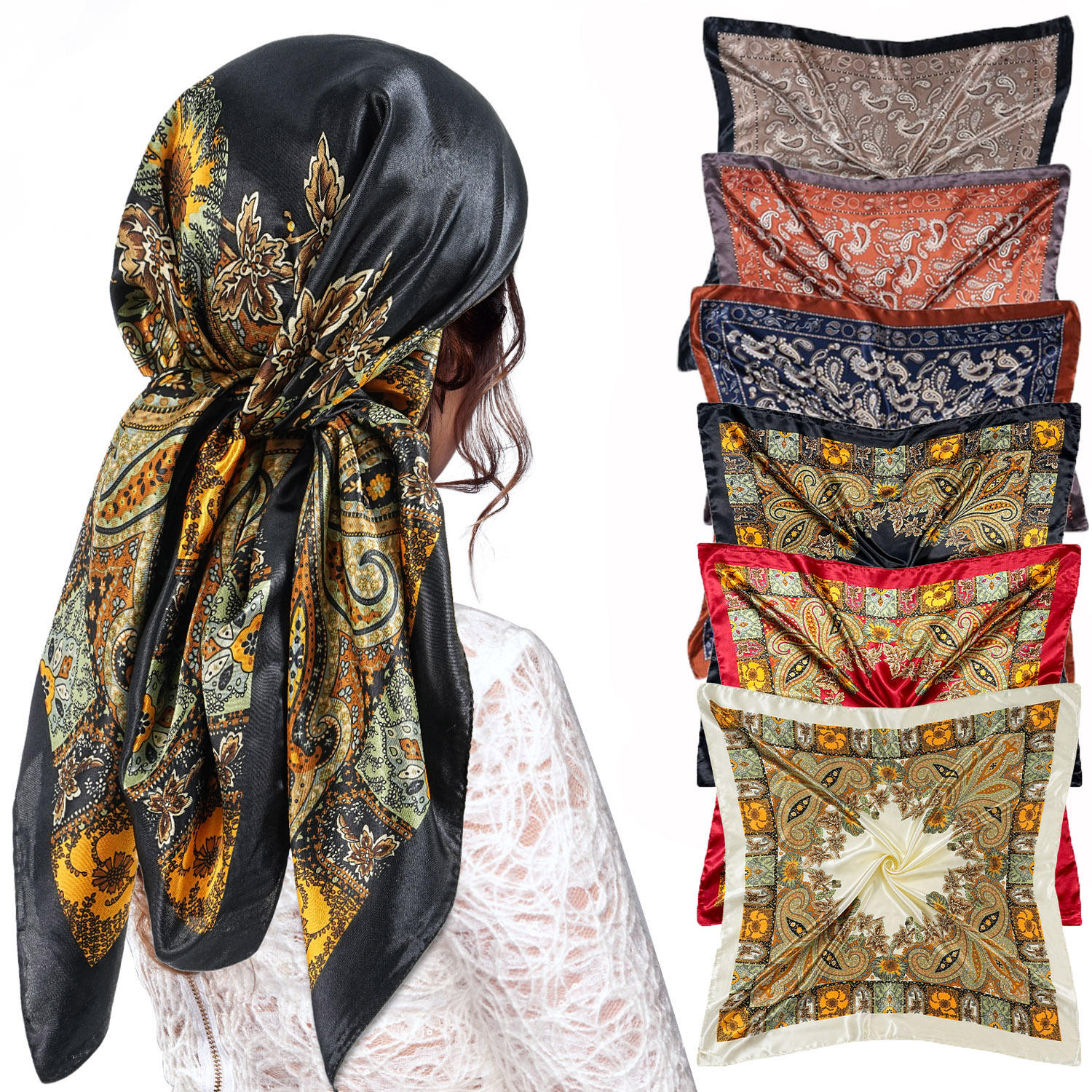 1pc Foulard en soie Scarftop chapeaux pour femmes Vintage quatre saisons foulards de cheveux 90*90 cm Hijab Foulard Iuxe Bandana Femme têtes