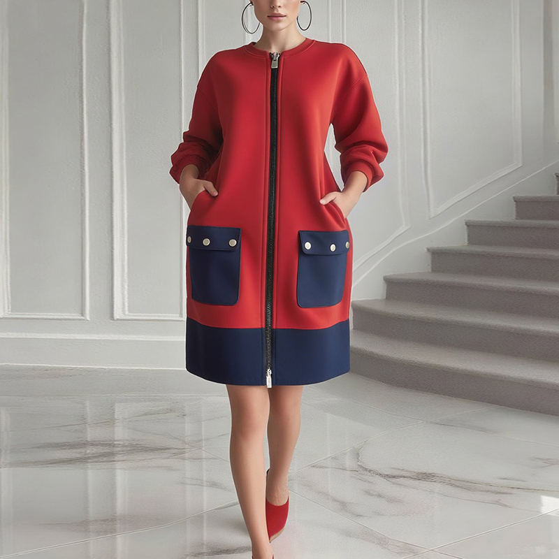 Modigirl contraste couleur manches longues robes pour femmes hiver printemps 2025 nouveau élégant rouge poches fermeture éclair femme Midi tenue décontractée