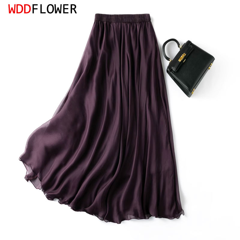Femmes jupe en soie 100% soie de mûrier violet avec Double doublure été plage taille élastique vacances jupes bureau dame fête MM795