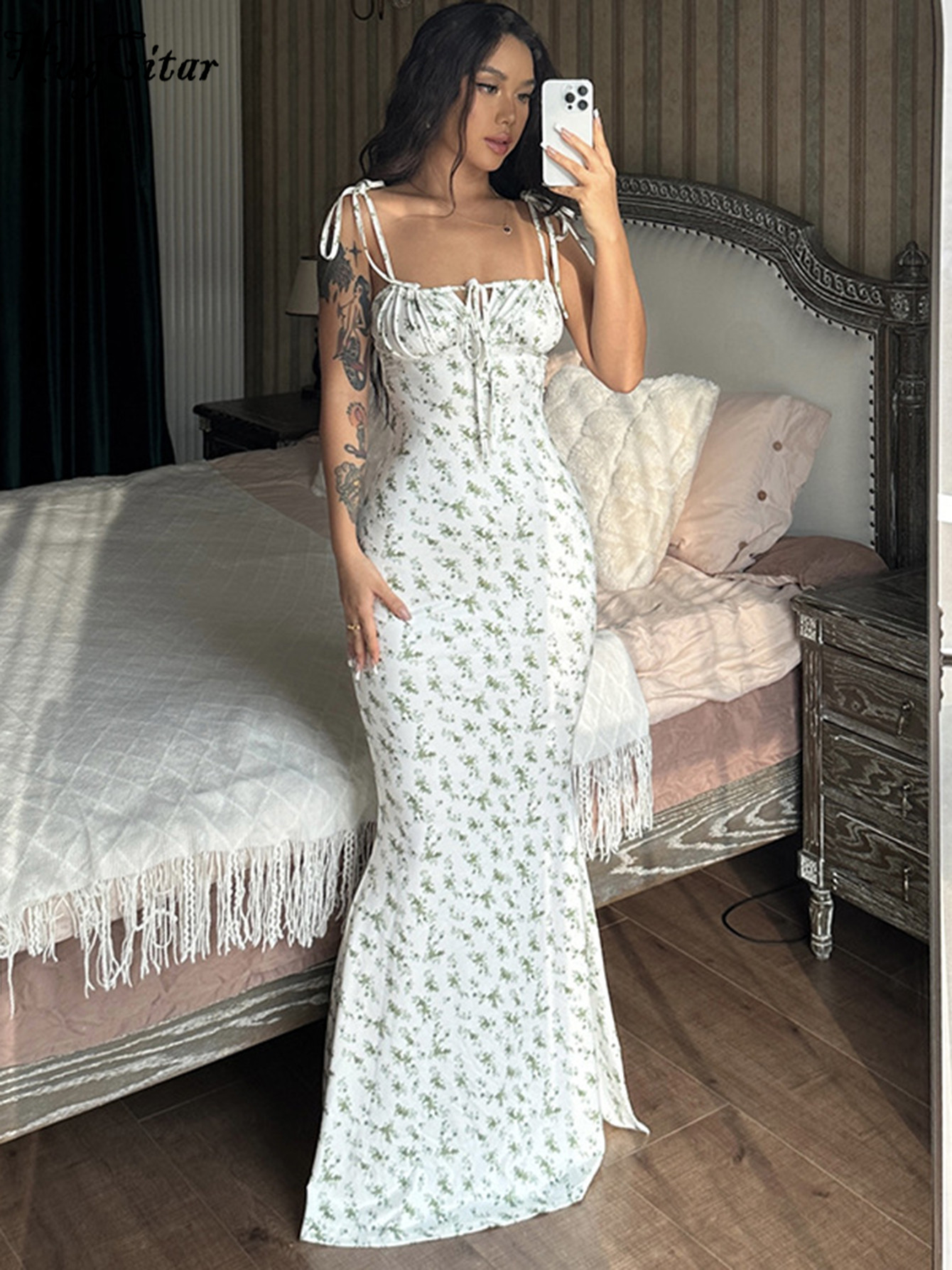 Robe longue moulante Hugcitar pour femme, élégante, à motif floral, pour la plage et les vacances, style streetwear, collection été 2026, articles de gros pour les entreprises