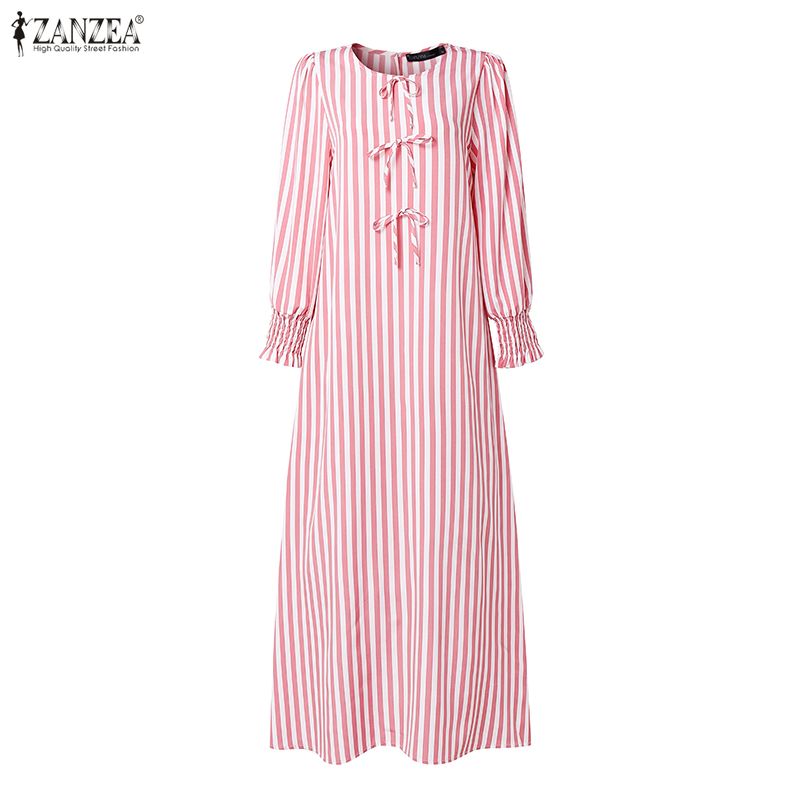 Robes Abaya Musulmanes Élégantes ZANZEA 2026 pour Femmes, Col Rond, Manches Longues, Robe Rayée Décontractée, Kaftan, Robe du Ramadan, Vêtements Islamiques