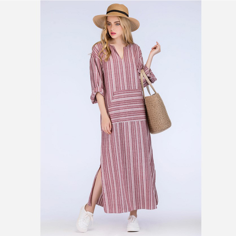 Robe en coton et lin pour femmes, grande taille 5XL, kaftan à manches longues, été 2026, robe longue maxi rayée de style bohème pour femmes de grande taille.