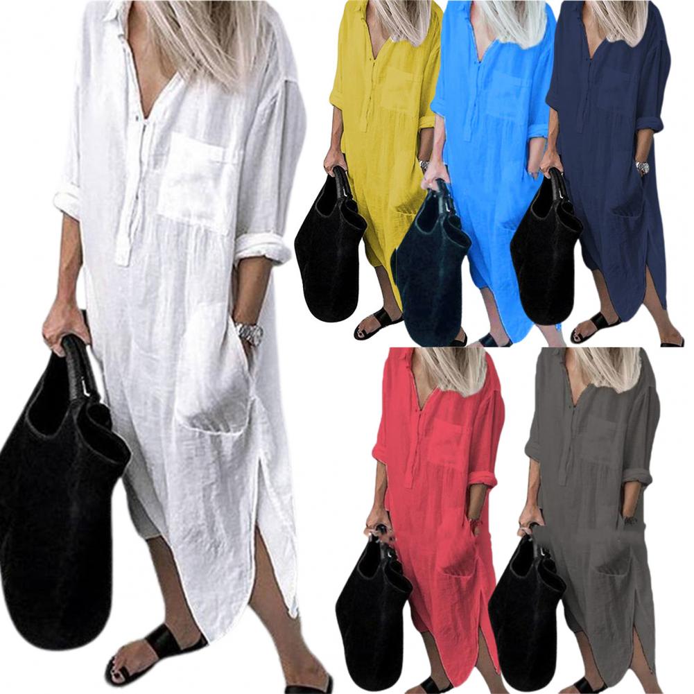 Robe chemise pour femme 2026, robe longue ample à fente latérale, robe chemise décontractée à manches longues boutonnée, printemps été