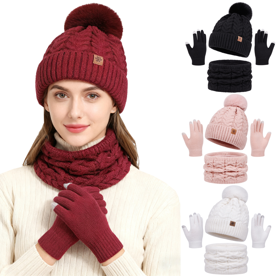 3 pièces femmes hiver chapeau écharpe gants ensemble boule de fourrure de noël adolescent bonnet cou plus chaud costume pompon tricoté femme hommes casquette ensemble