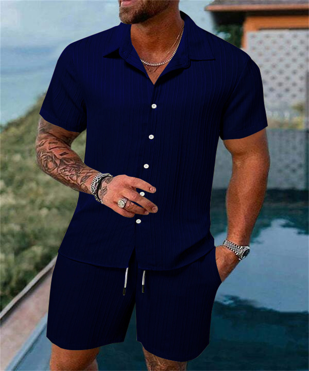 Nouvelle Collection 2024 : Ensemble de Plage Homme Tendance – Chemise Décontractée Manches Courtes Couleur Unie et Short Ample pour Sports de Plein Air